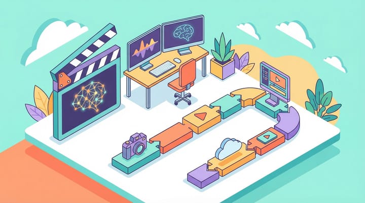 Isometric illustration of AI-powered video production desk with neural network displays and film clapperboard