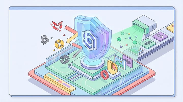 Isometric illustration of a brand shield scanning creative content for competitor leakage