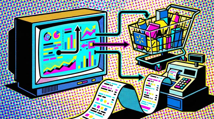 Pop art illustration of CTV screen connected to retail cash register showing Walmart VIZIO closed-loop measurement