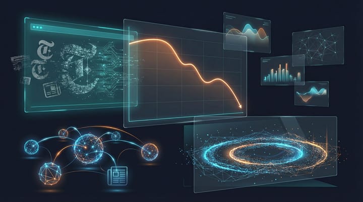 Dark data visualization showing traffic decline curves converging into collaborative network nodes