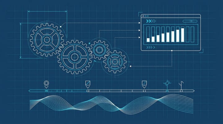 Blueprint-style technical diagram showing staged algorithm deployment across interconnected search systems