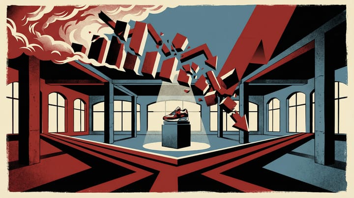 Bold propaganda-style illustration of a sneaker falling from a towering pedestal, two diverging paths below representing contrasting brand strategies