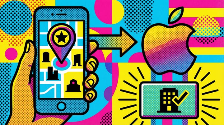 Pop art illustration of Apple Maps pin with ad label overlaying colorful local business storefronts and iPhone search results