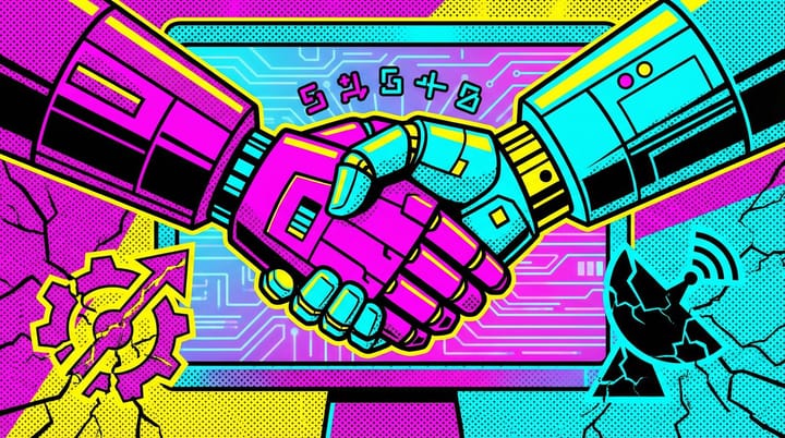 Pop art illustration of two robot hands shaking across a digital auction screen with fading DSP and SSP logos