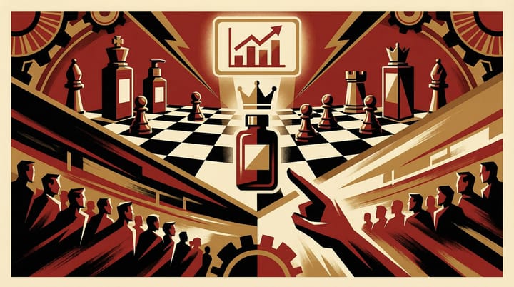 Skincare bottles arranged like chess pieces on a propaganda-style board with followers switching allegiance