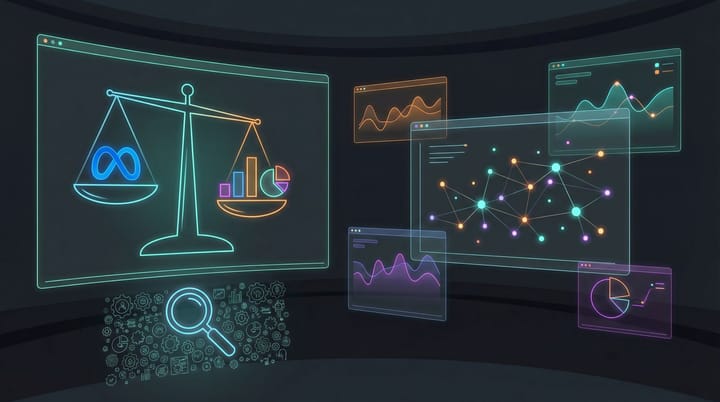 Data visualization showing budget allocation flowing through a measurement model with magnifying glass revealing default settings