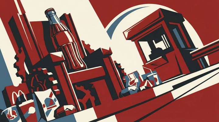 Coca-Cola bottle enthroned among fast food bags from 13 rival chains in bold propaganda poster style