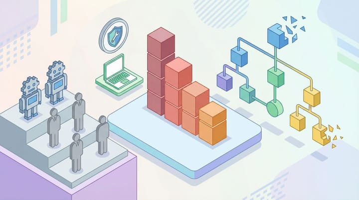Isometric illustration of office workers being replaced by AI systems with contractor badges and reorganized org charts