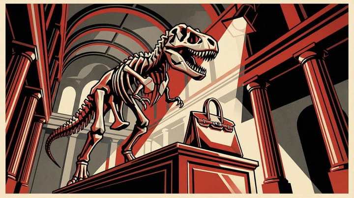 T-Rex skeleton towers over a luxury handbag on a museum pedestal under dramatic spotlight