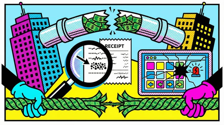 Pop art illustration of corporate towers pulling a money pipeline apart with magnifying glass revealing hidden programmatic ad tech fees
