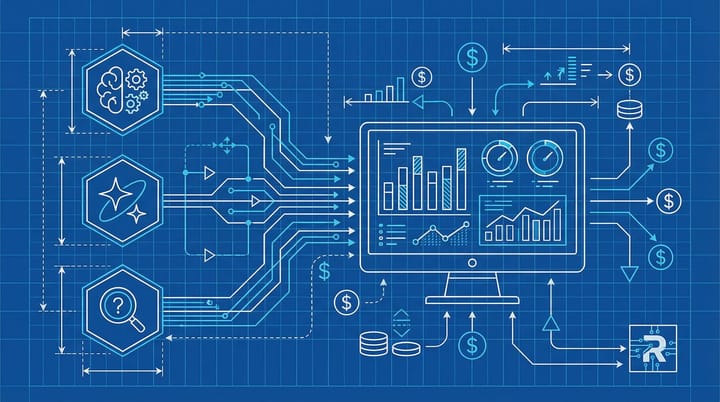 Blueprint-style technical diagram showing AI search API connections flowing into a monitoring dashboard with cost comparison labels