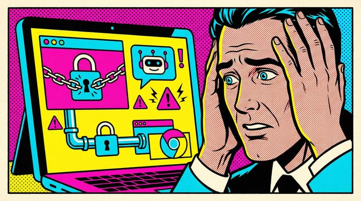PPC manager staring at a locked ad dashboard while AI chat windows and warning symbols float around the screen