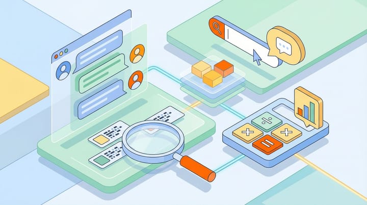Isometric illustration of ChatGPT ad interface with magnifying glass on tiny headline next to CPM calculator