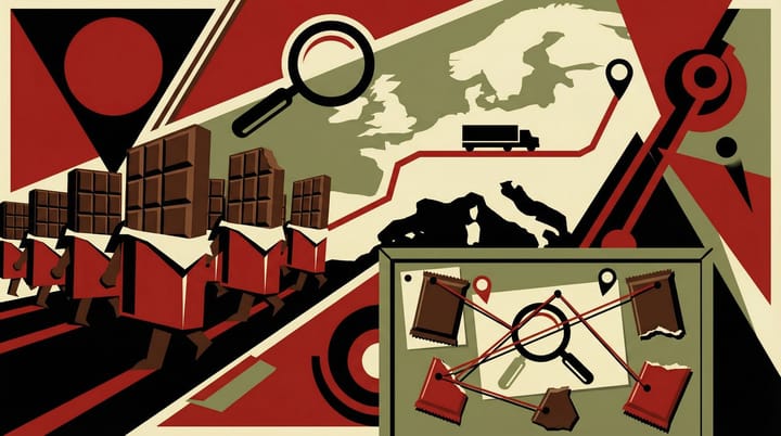 Propaganda poster style illustration of chocolate bars in formation with detective bulletin board and European map