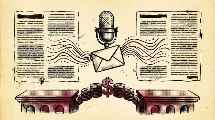 Retro newsprint illustration of microphone merged with envelope icon and podcast waveforms flowing into newsletter columns