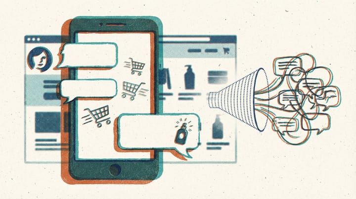 Risograph style illustration of smartphone with WhatsApp chat and AI beauty advisor with shopping cart icons between chat bubbles