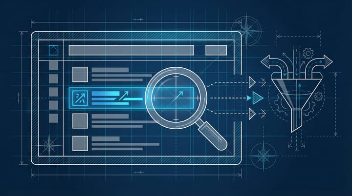 Blueprint-style diagram showing search results with AI Overview citation pathways diverging from traditional ranking positions