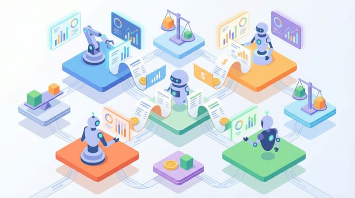 Isometric illustration of AI pricing models with invoice receipts flowing between robot agents and marketing dashboard screens