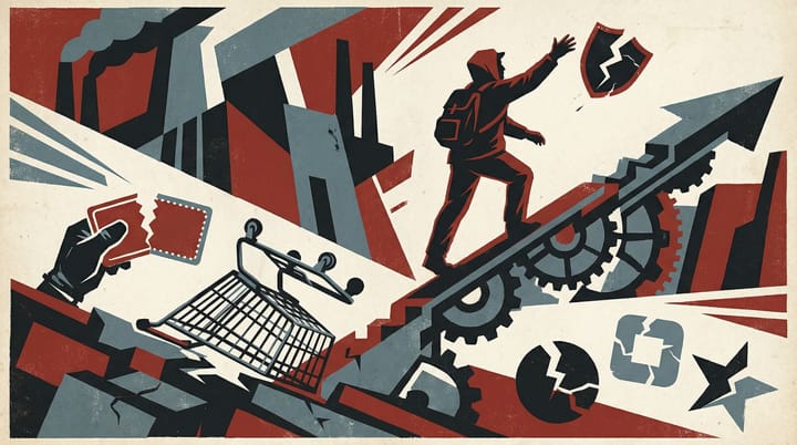 Propaganda poster style illustration of consumer walking away from broken brand logos and torn loyalty cards