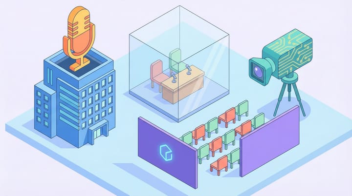 Isometric illustration of a talk show studio being absorbed into a corporate AI building with streaming cameras and circuit board overlays