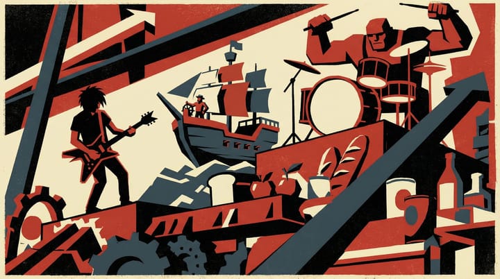 Propaganda-style poster with musical stages showing emo guitarist, sailing ship, and metal drummer surrounded by floating grocery items