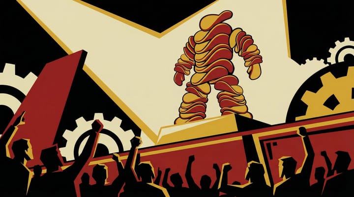 Propaganda-style poster of a figure made from stacked Pringles chips under a spotlight with audience silhouettes