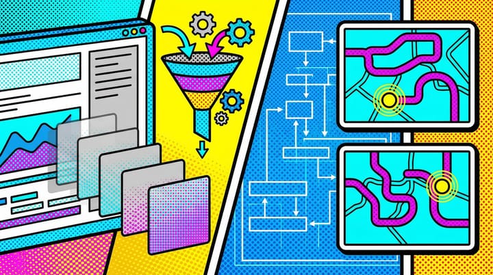 Pop art illustration of Google Ads dashboard with fading keyword blocks and bold account structure blueprint with conversion funnels