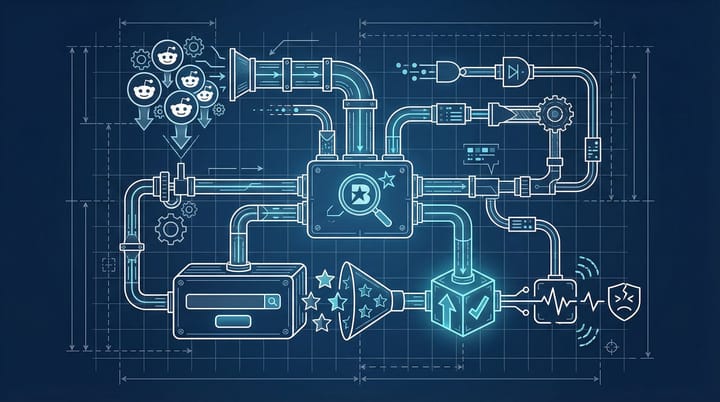 Blueprint diagram showing AI search systems compressing brand ratings and review signals into a single synthesized answer