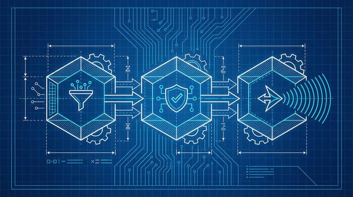 Blueprint-style technical diagram showing Google search ranking pipeline with retrieval, authority, and engagement signal systems