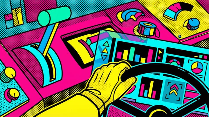Pop art illustration of colorful control dials and levers on a digital advertising dashboard