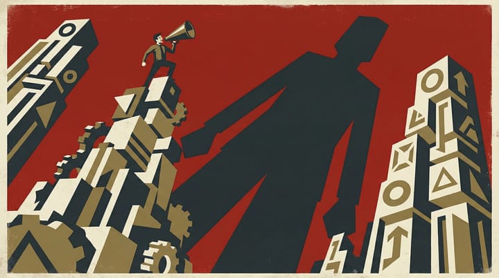Bold propaganda-style illustration of a small figure with a megaphone casting an outsized shadow over corporate towers