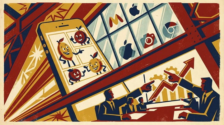 Propaganda-style poster of animated fruit characters on a stage with brand logos watching from behind glass, contrasting creator entertainment with corporate trend-chasing
