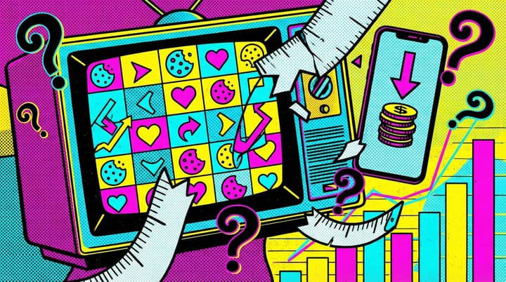 Pop art style TV screen displaying colorful cookie ads with broken measurement tape and floating question marks over attribution graphs