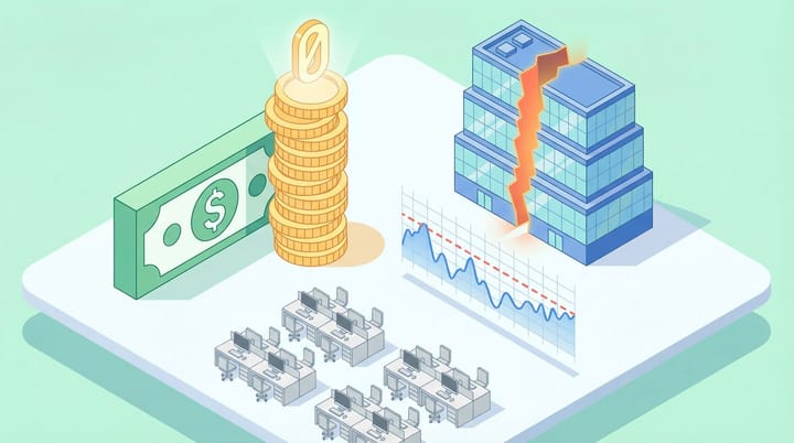 Isometric illustration of a corporate tower with a dollar coin stack, splitting office building, and stock chart line