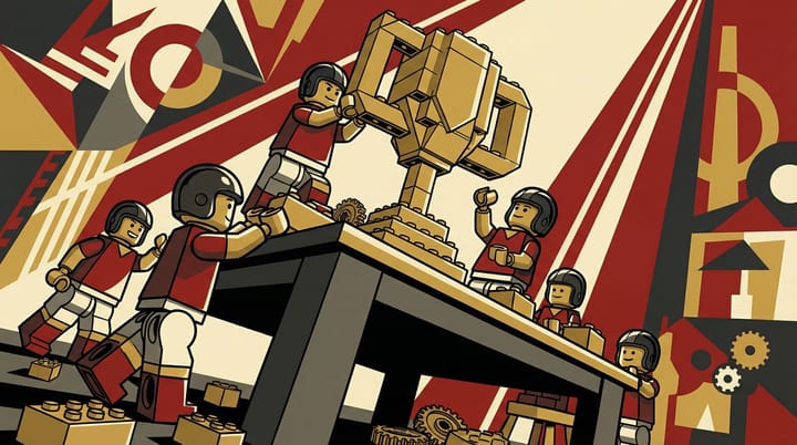Lego minifigures of football players competing to build a golden World Cup trophy on a dramatic propaganda-style poster background