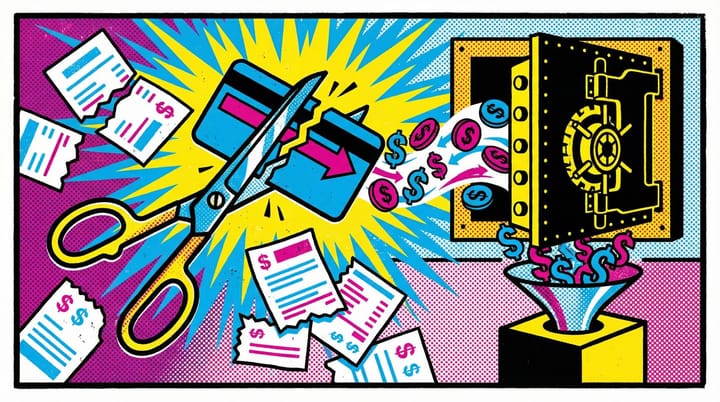 Pop art illustration of credit card scissors cutting through Amazon ad billing statements with dollar signs flowing away