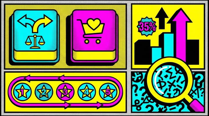 Pop art illustration of search ad CTA buttons with Compare vs Shop Now and a bar chart showing CTR uplift data