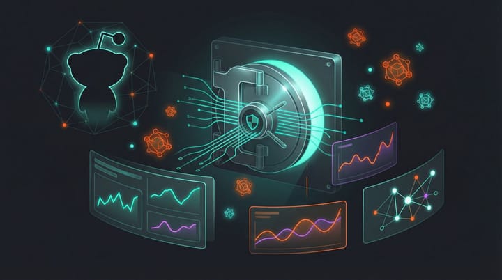 Dark data visualization showing encrypted data streams flowing into a secure vault, representing privacy-safe ad measurement through trusted execution environments