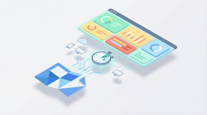 Isometric illustration of a campaign brief transforming into a digital media plan with connected DSP channels and a stopwatch
