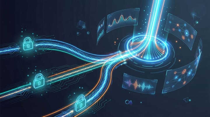Dark data visualization showing three data streams converging into a single glowing API endpoint with lock icons