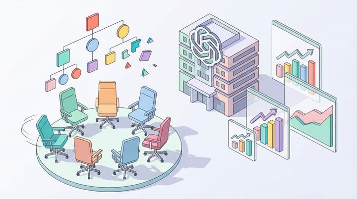 Isometric office with executive chairs spinning away from ad dashboard screens showing growth charts
