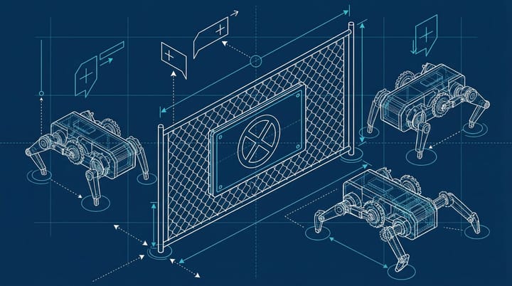 Blueprint technical illustration of a robots.txt file as a no-trespassing sign at a chain link fence with AI crawler bots walking around it.