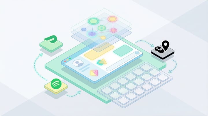 Isometric illustration of ChatGPT routing user intent to app icons for DoorDash, Spotify, and Uber, with empty category slots in a directory grid