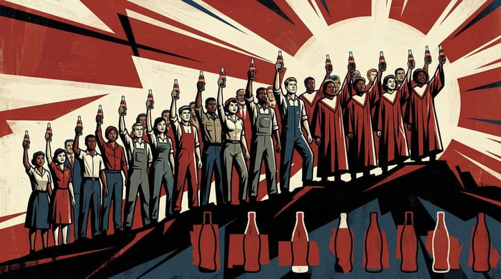 Diverse choir of singers on a hilltop holding Coca-Cola bottles in a propaganda-poster style restaging of the 1971 Hilltop commercial