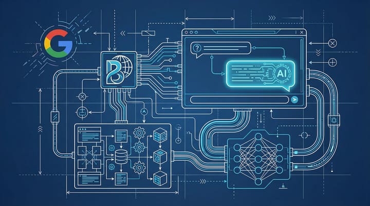 Blueprint-style schematic diagram showing the Bing search index wired into a ChatGPT conversation interface, with pipes routing data from Bing into an AI response bubble.