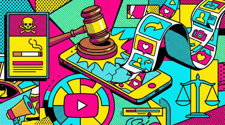 Pop art illustration of a courtroom gavel slamming a smartphone showing an Instagram-style infinite scroll feed, with a vintage warning label and YouTube play button.
