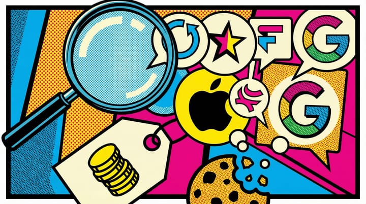 Pop-art illustration of a magnifying glass over chatbot conversation bubbles with brand logos floating out, a $499 price tag, and a broken cookie crumbling at the edge