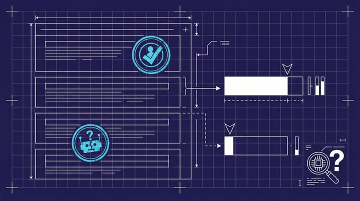 Blueprint-style diagram of a search result page with position one pages stamped HUMAN and POSITION FOUR pages stamped UNCERTAIN, rendered as a technical schematic.