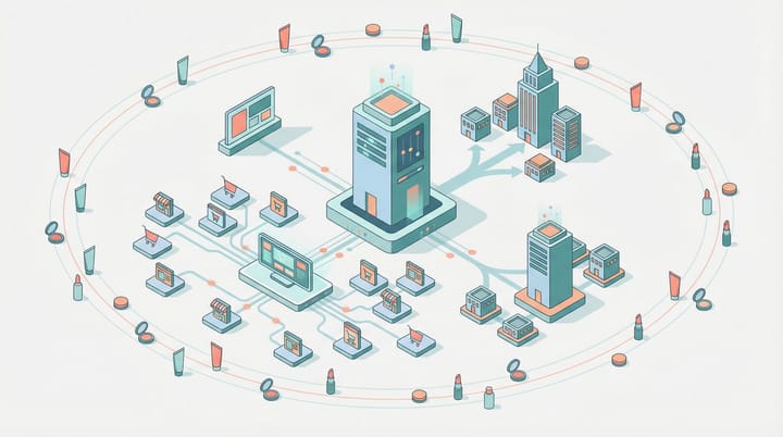 Isometric illustration of one global media console linking Amazon, Walmart Connect and Sephora retail-media platforms to a centralized data hub above absorbed agency offices.