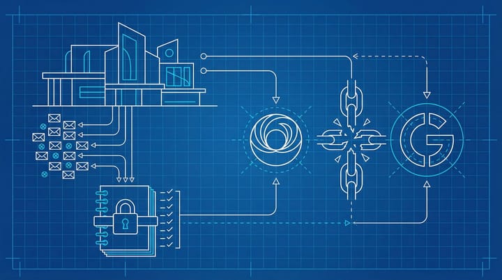 Blueprint-style diagram of the Googleplex with twenty sealed envelopes and a workbook marked 26 pages, cyan line art on dark blue